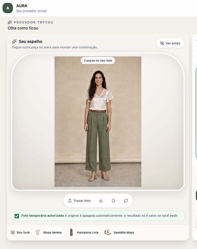 Prévia real da demonstração AURA com blusa, calça e sandália; a versão para computador mostra a interface do provador